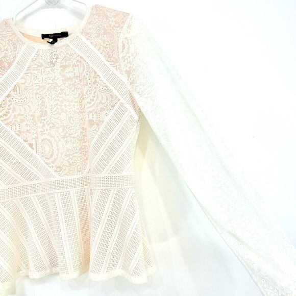 BCBGMaxazria Ivory Lace Long Sleeve Peplum Pullover Shirt - Picture 9 of 16